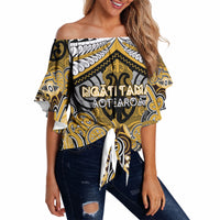 Aotearoa Iwi Ngati Tama Personalised Off Shoulder Wrap Waist Top Maori Kowhaiwhai Pattern LT19 Yellow - Polynesian Pride
