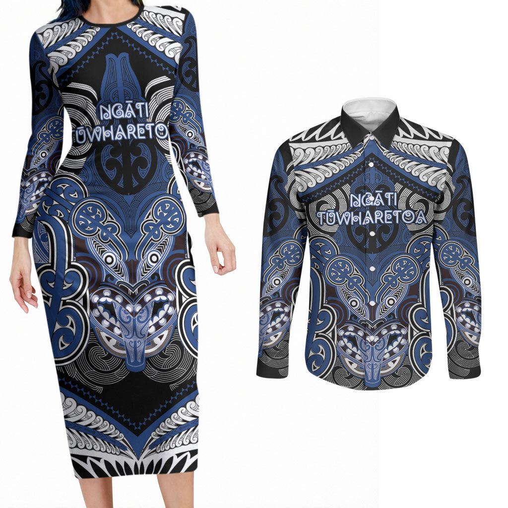 Aotearoa Iwi Ngati Tuwharetoa Personalised Couples Matching Long Sleeve Bodycon Dress and Long Sleeve Button Shirt Maori Kowhaiwhai Pattern LT19 Blue - Polynesian Pride