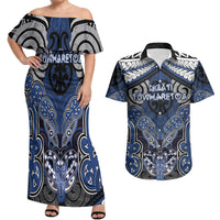 Aotearoa Iwi Ngati Tuwharetoa Personalised Couples Matching Off Shoulder Maxi Dress and Hawaiian Shirt Maori Kowhaiwhai Pattern LT19 Blue - Polynesian Pride