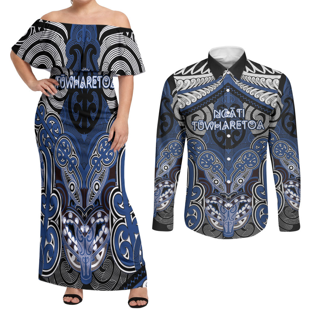 Aotearoa Iwi Ngati Tuwharetoa Personalised Couples Matching Off Shoulder Maxi Dress and Long Sleeve Button Shirt Maori Kowhaiwhai Pattern LT19 Blue - Polynesian Pride