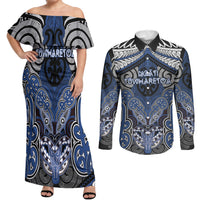 Aotearoa Iwi Ngati Tuwharetoa Personalised Couples Matching Off Shoulder Maxi Dress and Long Sleeve Button Shirt Maori Kowhaiwhai Pattern LT19 Blue - Polynesian Pride