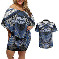 Aotearoa Iwi Ngati Tuwharetoa Personalised Couples Matching Off Shoulder Short Dress and Hawaiian Shirt Maori Kowhaiwhai Pattern LT19 Blue - Polynesian Pride