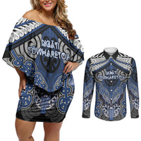 Aotearoa Iwi Ngati Tuwharetoa Personalised Couples Matching Off Shoulder Short Dress and Long Sleeve Button Shirt Maori Kowhaiwhai Pattern LT19 Blue - Polynesian Pride