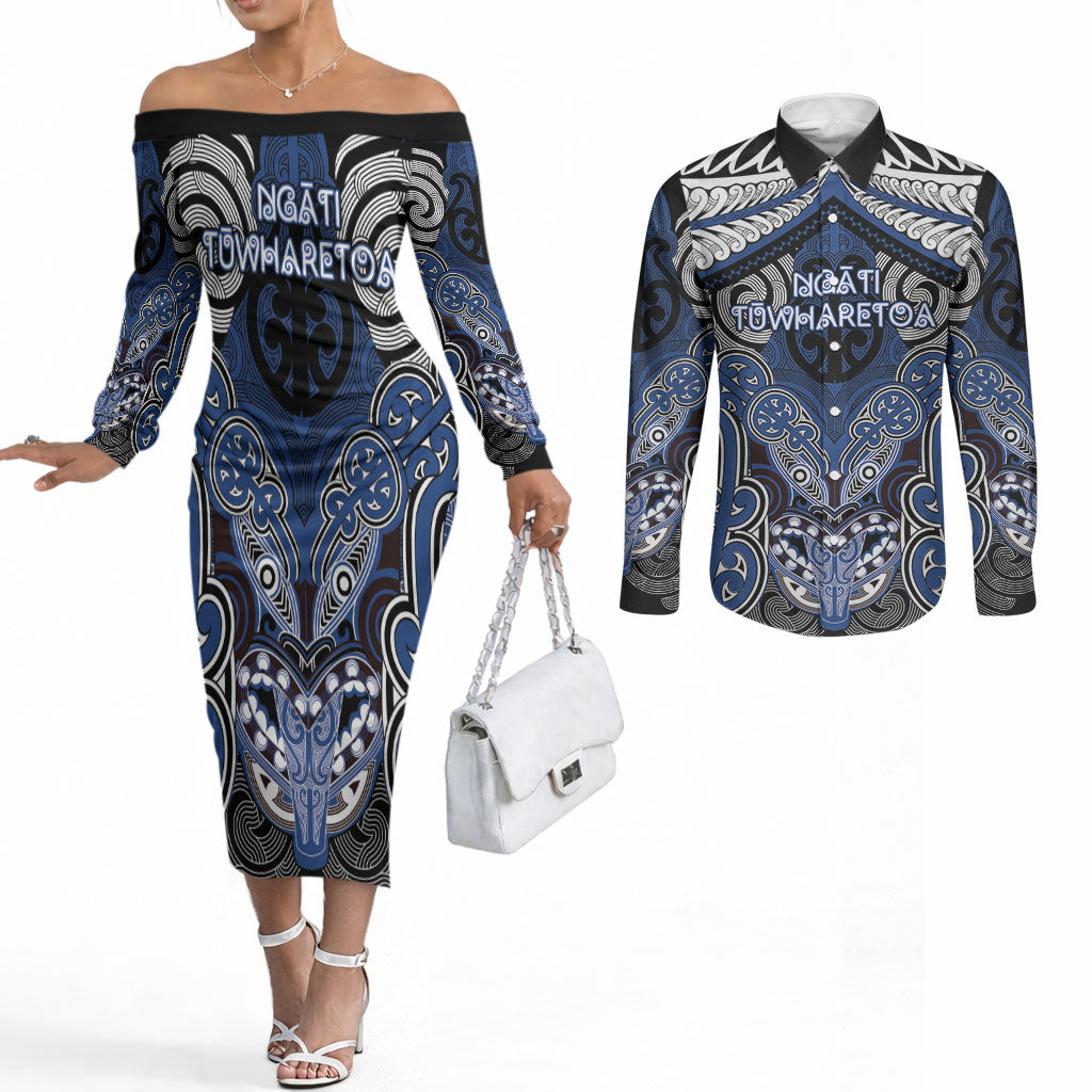 Aotearoa Iwi Ngati Tuwharetoa Personalised Couples Matching Off The Shoulder Long Sleeve Dress and Long Sleeve Button Shirt Maori Kowhaiwhai Pattern LT19 Blue - Polynesian Pride