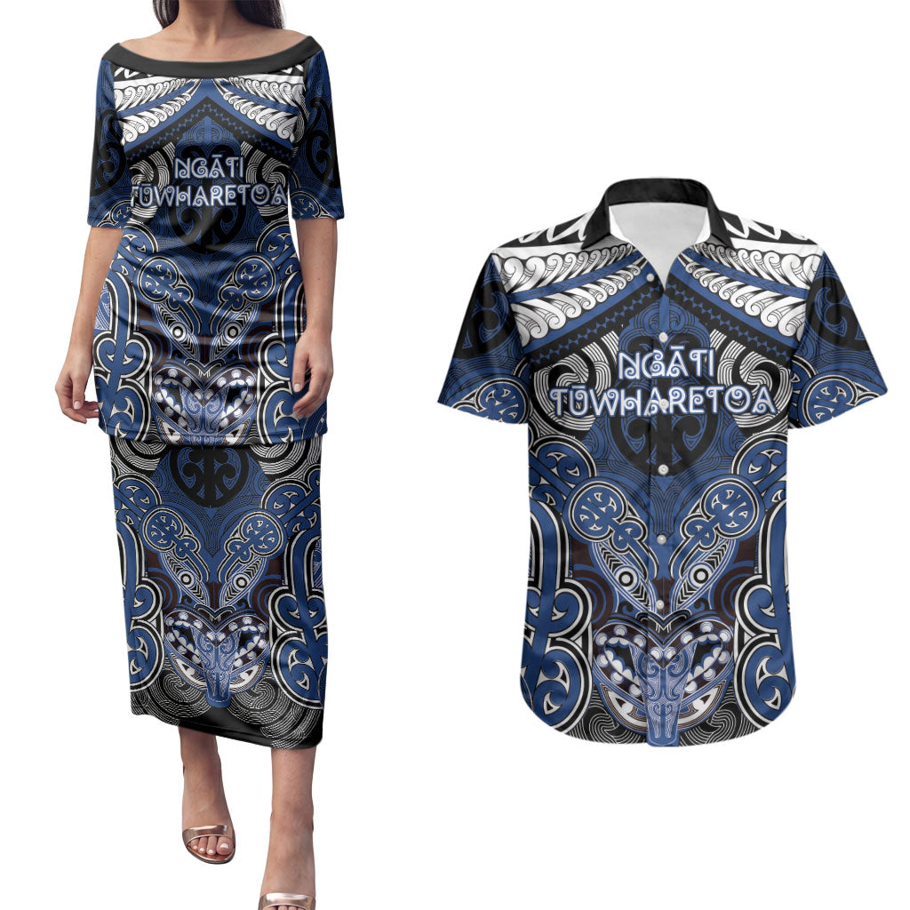 Aotearoa Iwi Ngati Tuwharetoa Personalised Couples Matching Puletasi and Hawaiian Shirt Maori Kowhaiwhai Pattern LT19 Blue - Polynesian Pride