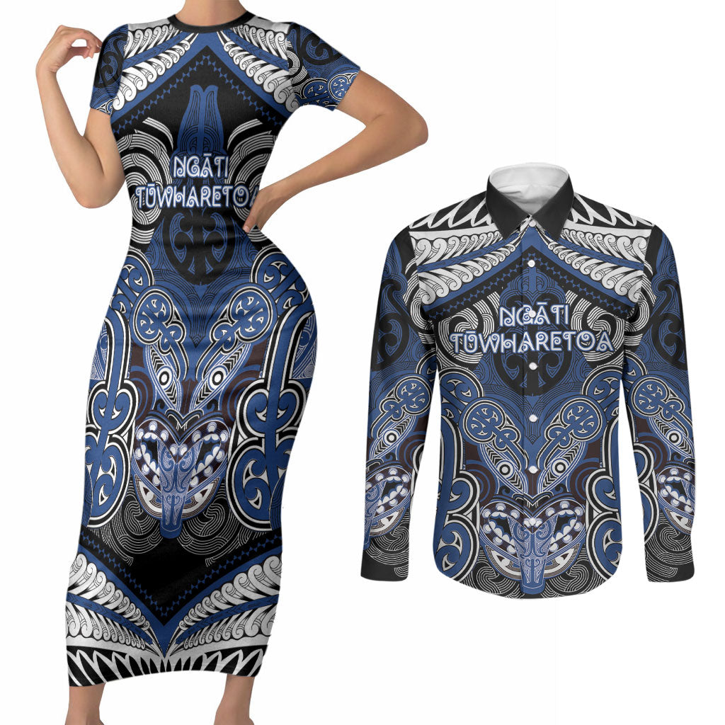 Aotearoa Iwi Ngati Tuwharetoa Personalised Couples Matching Short Sleeve Bodycon Dress and Long Sleeve Button Shirt Maori Kowhaiwhai Pattern LT19 Blue - Polynesian Pride