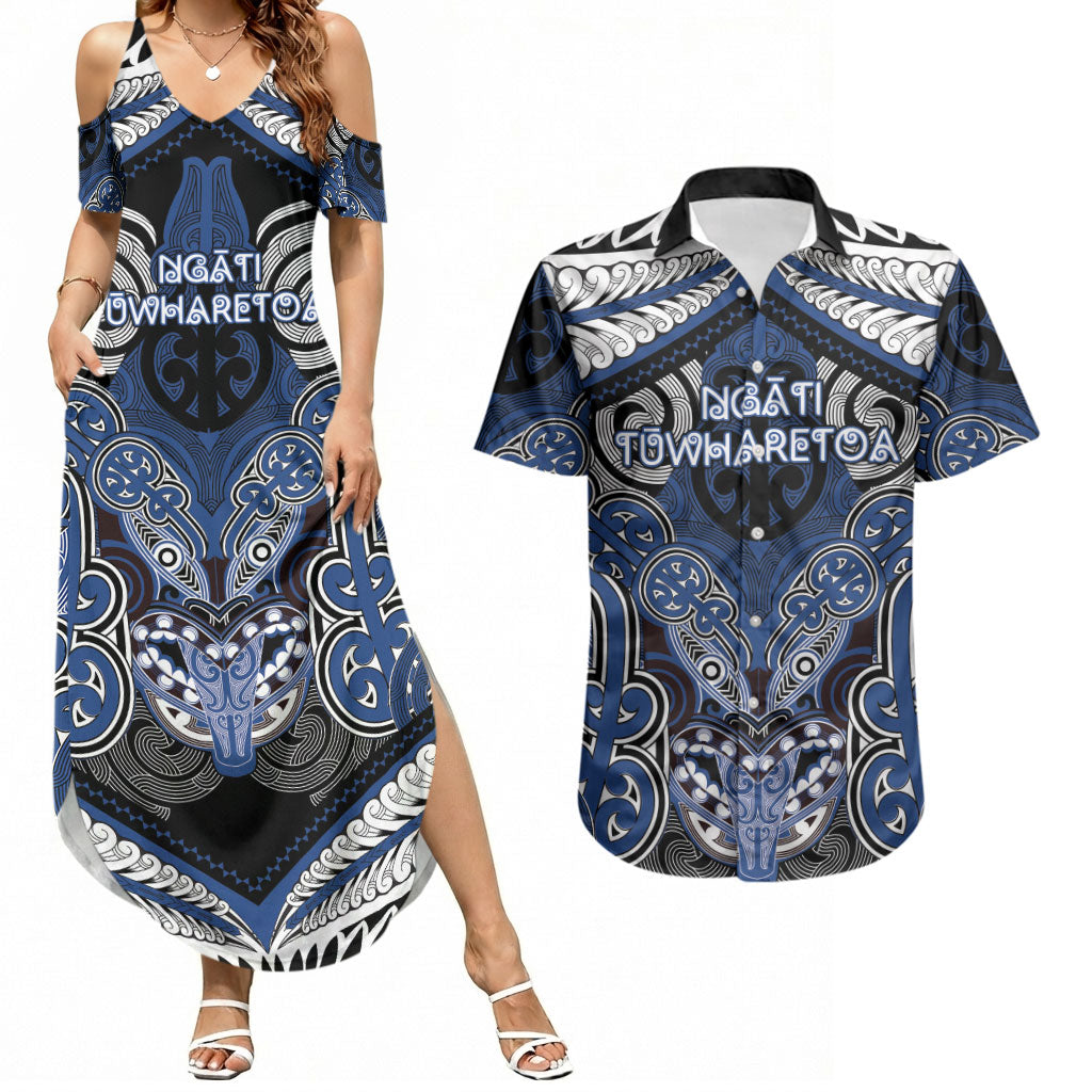 Aotearoa Iwi Ngati Tuwharetoa Personalised Couples Matching Summer Maxi Dress and Hawaiian Shirt Maori Kowhaiwhai Pattern LT19 Blue - Polynesian Pride
