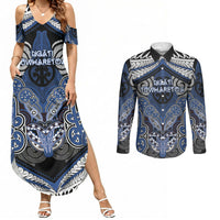Aotearoa Iwi Ngati Tuwharetoa Personalised Couples Matching Summer Maxi Dress and Long Sleeve Button Shirt Maori Kowhaiwhai Pattern LT19 Blue - Polynesian Pride