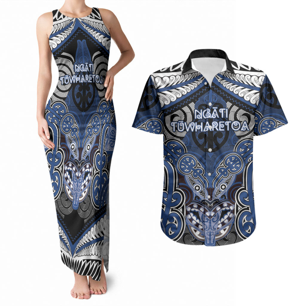 Aotearoa Iwi Ngati Tuwharetoa Personalised Couples Matching Tank Maxi Dress and Hawaiian Shirt Maori Kowhaiwhai Pattern LT19 Blue - Polynesian Pride