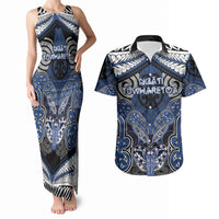 Aotearoa Iwi Ngati Tuwharetoa Personalised Couples Matching Tank Maxi Dress and Hawaiian Shirt Maori Kowhaiwhai Pattern LT19 Blue - Polynesian Pride