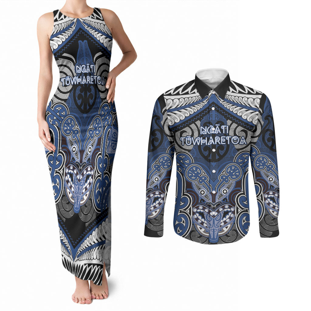 Aotearoa Iwi Ngati Tuwharetoa Personalised Couples Matching Tank Maxi Dress and Long Sleeve Button Shirt Maori Kowhaiwhai Pattern LT19 Blue - Polynesian Pride