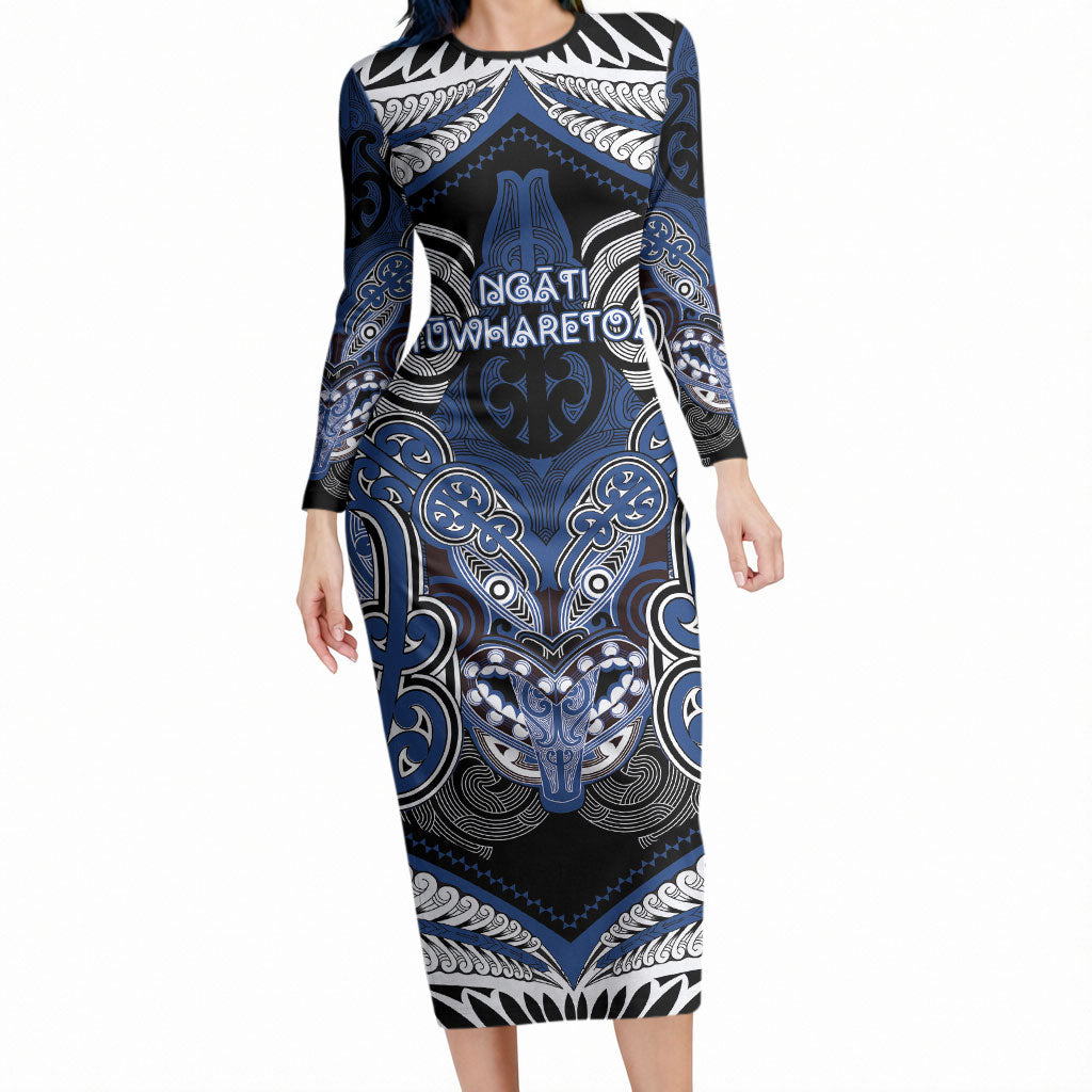 Aotearoa Iwi Ngati Tuwharetoa Personalised Long Sleeve Bodycon Dress Maori Kowhaiwhai Pattern LT19 Long Dress Blue - Polynesian Pride