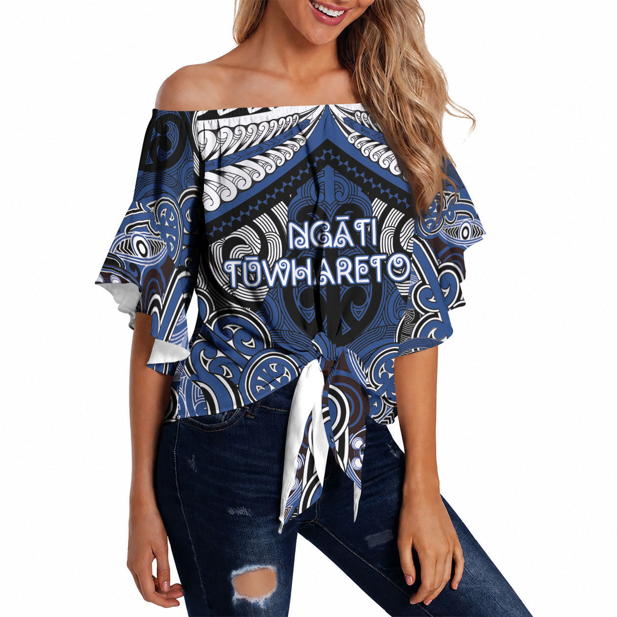Aotearoa Iwi Ngati Tuwharetoa Personalised Off Shoulder Wrap Waist Top Maori Kowhaiwhai Pattern LT19 Blue - Polynesian Pride
