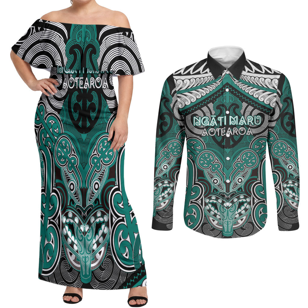 Aotearoa Iwi Ngati Maru Personalised Couples Matching Off Shoulder Maxi Dress and Long Sleeve Button Shirt Maori Kowhaiwhai Pattern