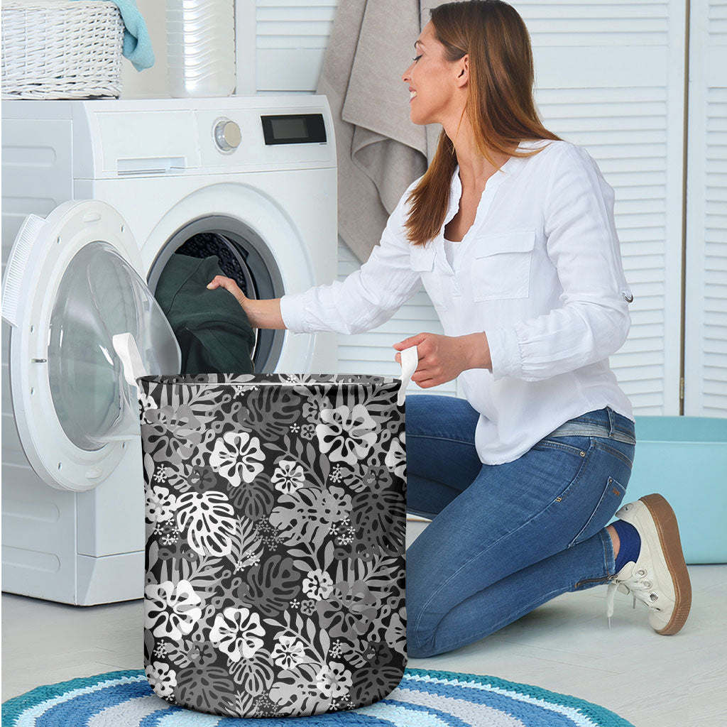 Black Aloha Hawaiian Laundry Basket Monstera Hibiscus Tropical Pattern