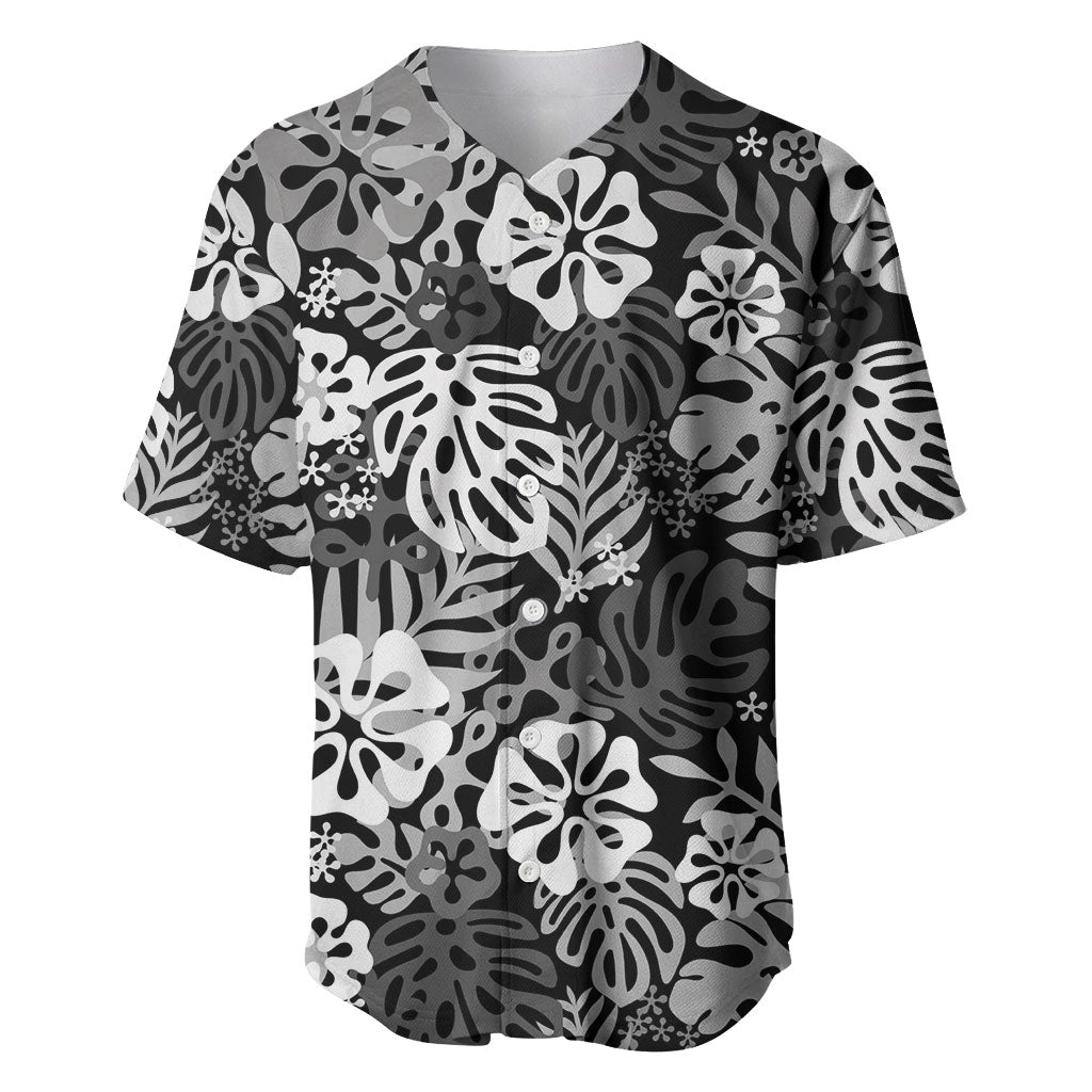 Black Aloha Hawaiian Baseball Jersey Monstera Hibiscus Tropical Pattern