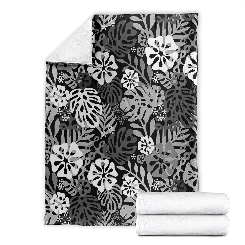 Black Aloha Hawaiian Blanket Monstera Hibiscus Tropical Pattern