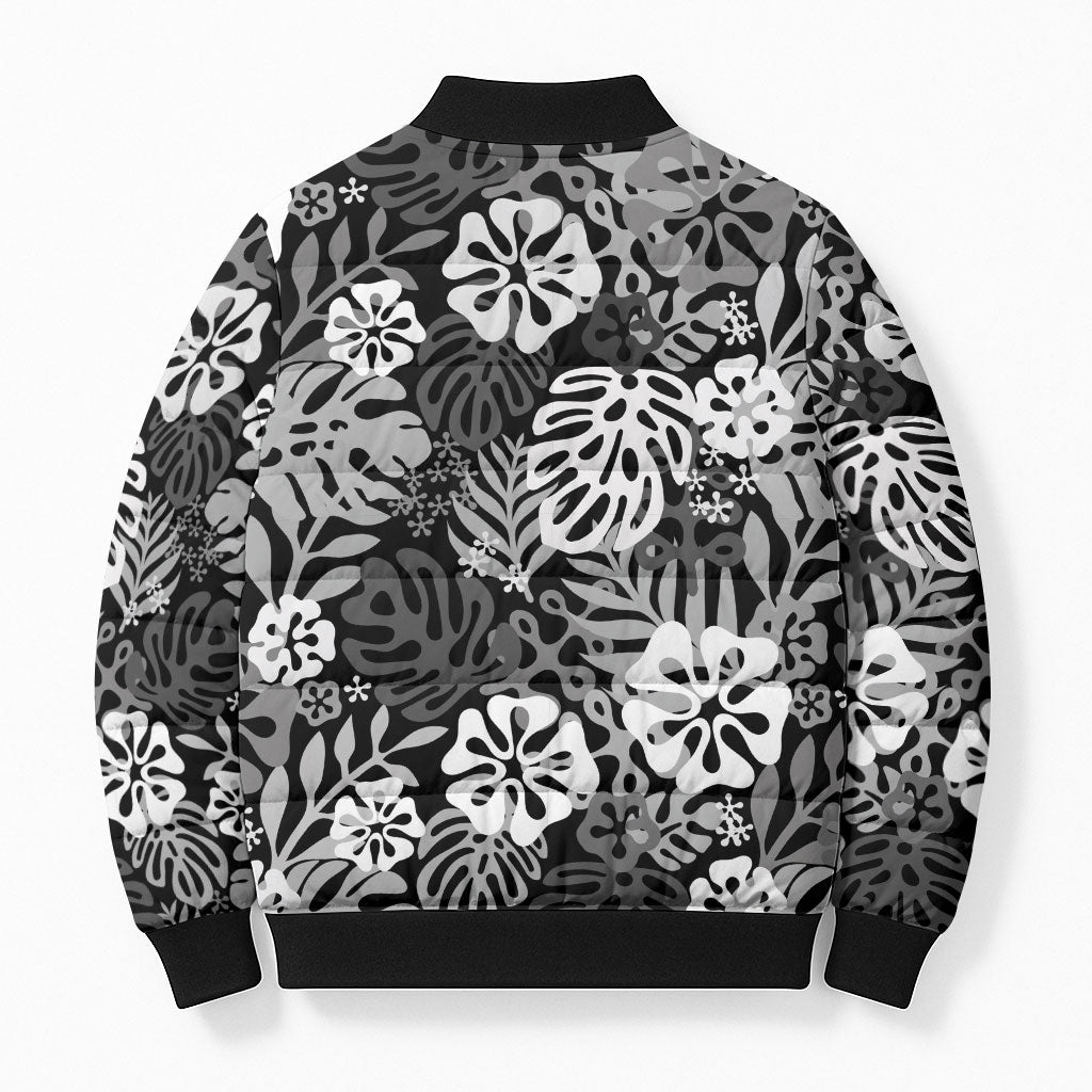 Black Aloha Hawaiian Bomber Puffer Jacket Monstera Hibiscus Tropical Pattern