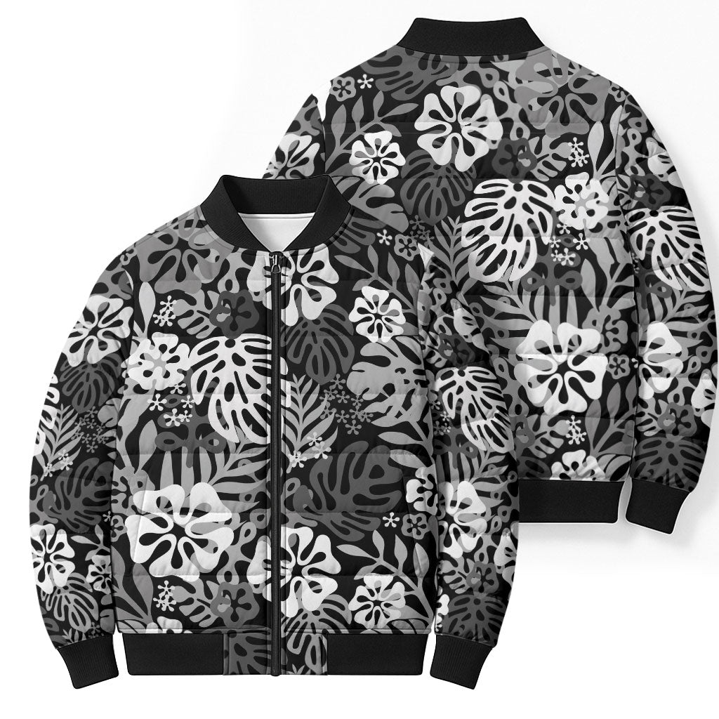 Black Aloha Hawaiian Bomber Puffer Jacket Monstera Hibiscus Tropical Pattern