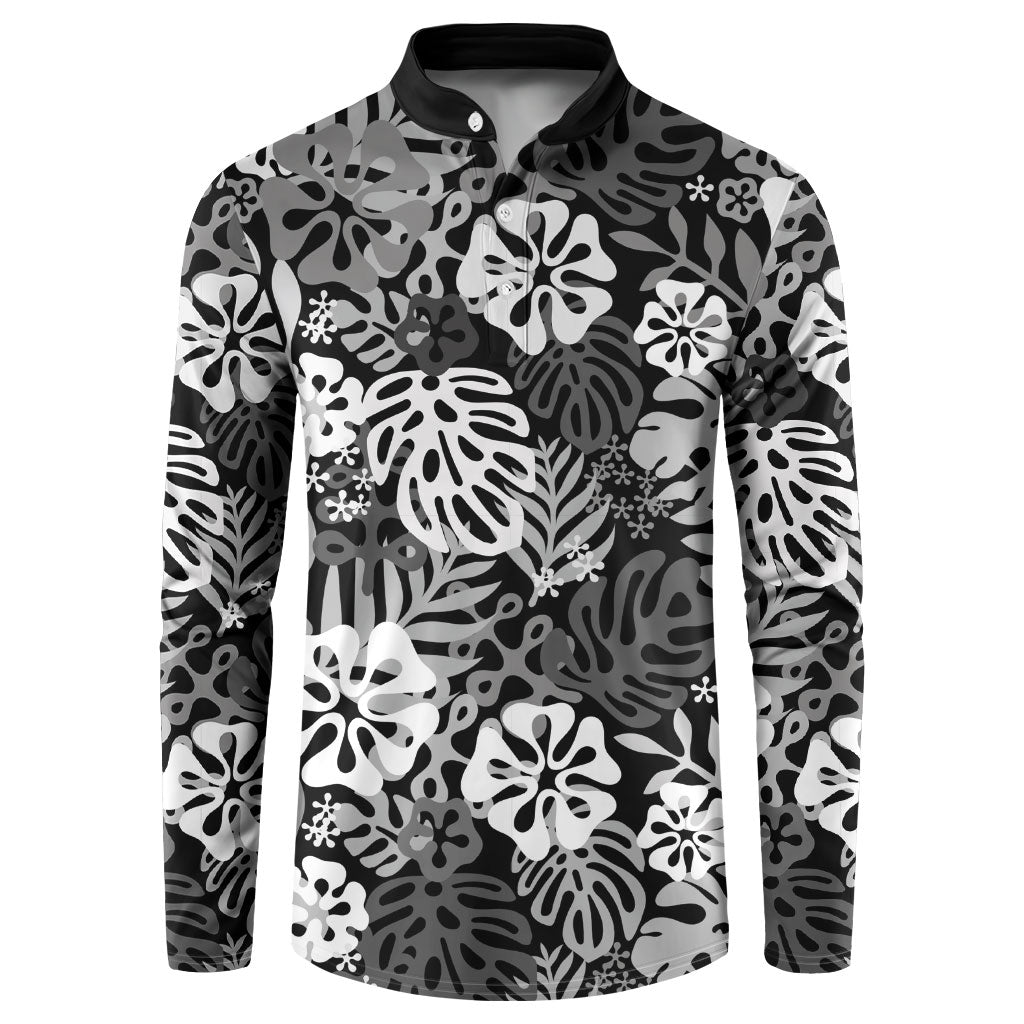 Black Aloha Hawaiian Button Sweatshirt Monstera Hibiscus Tropical Pattern