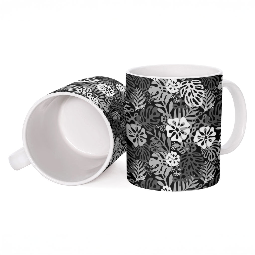 Black Aloha Hawaiian Ceramic Mug Monstera Hibiscus Tropical Pattern LT19 - Polynesian Pride