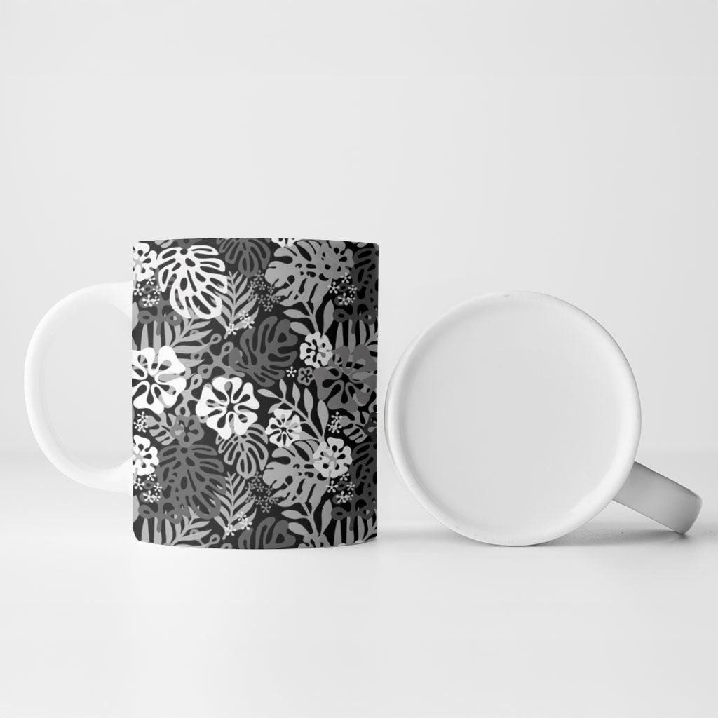 Black Aloha Hawaiian Ceramic Mug Monstera Hibiscus Tropical Pattern LT19 - Polynesian Pride