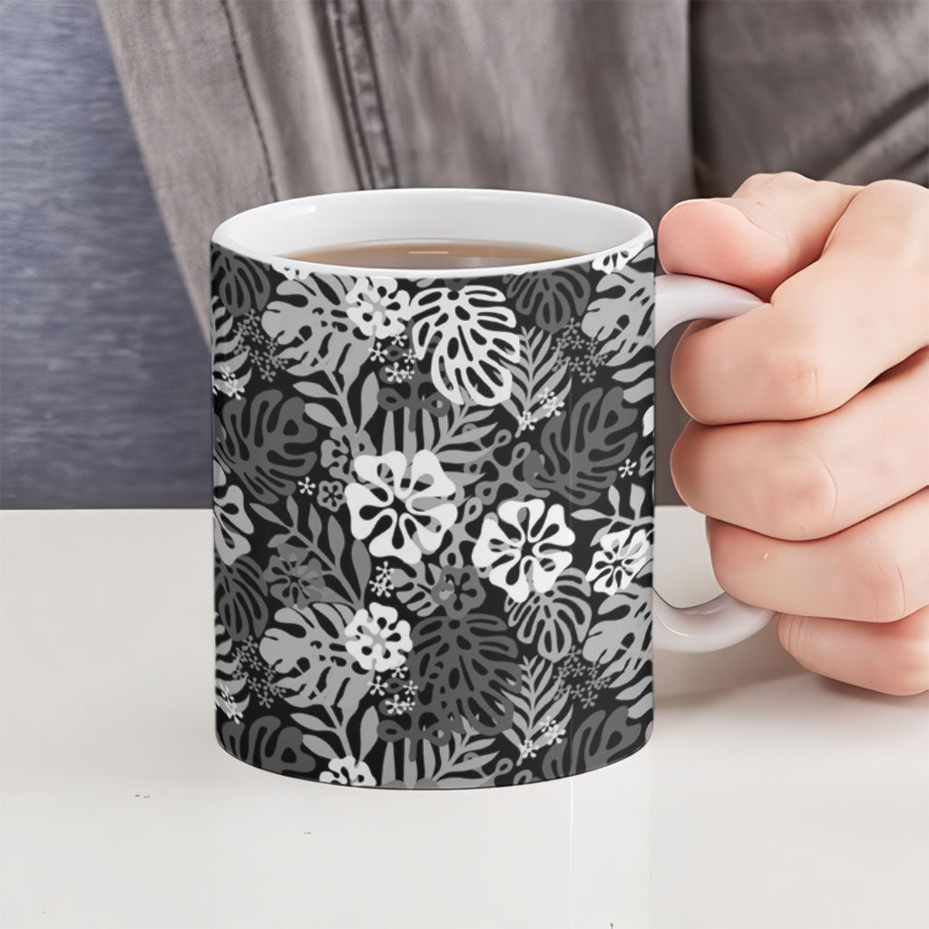 Black Aloha Hawaiian Ceramic Mug Monstera Hibiscus Tropical Pattern LT19 - Polynesian Pride