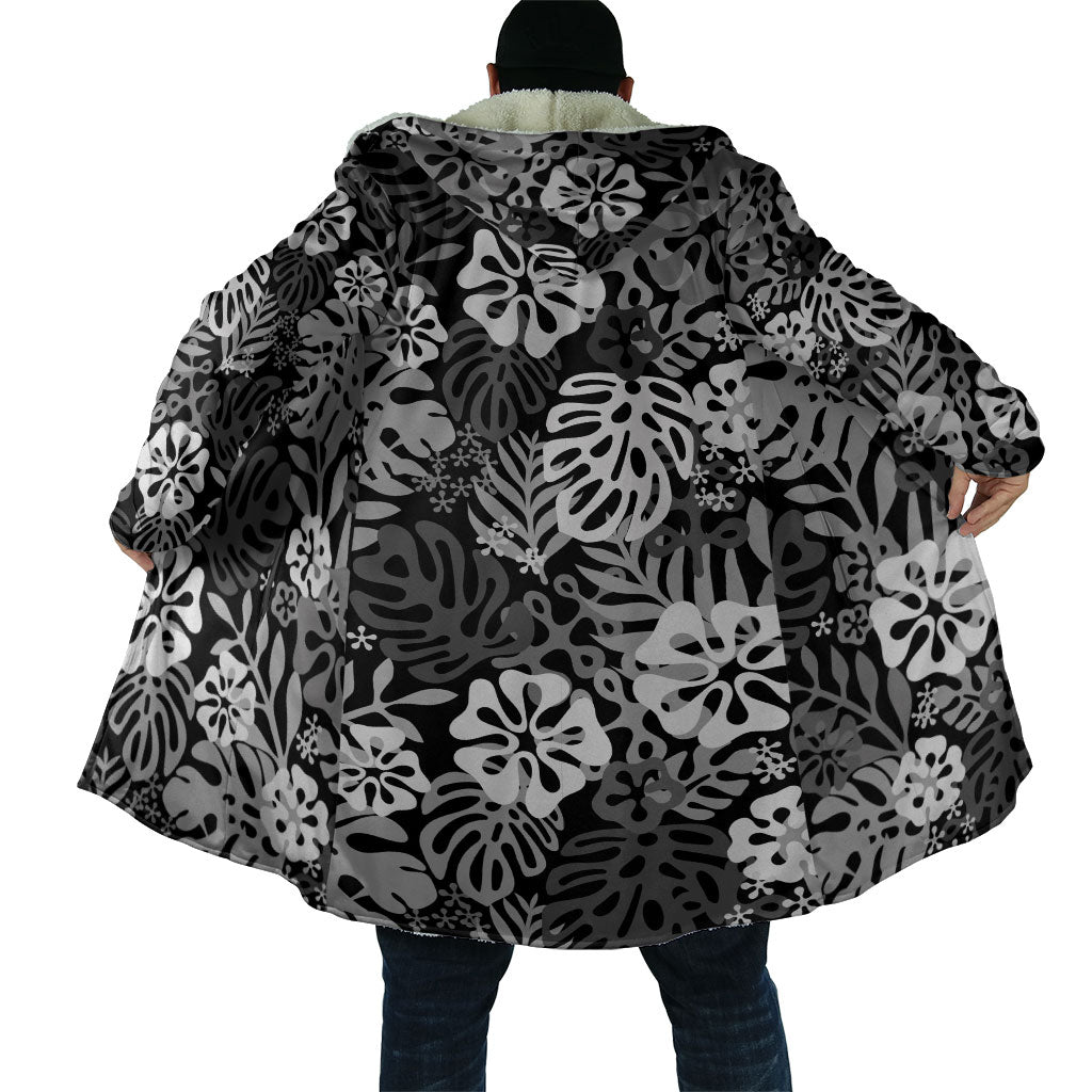 Black Aloha Hawaiian Cloak Monstera Hibiscus Tropical Pattern