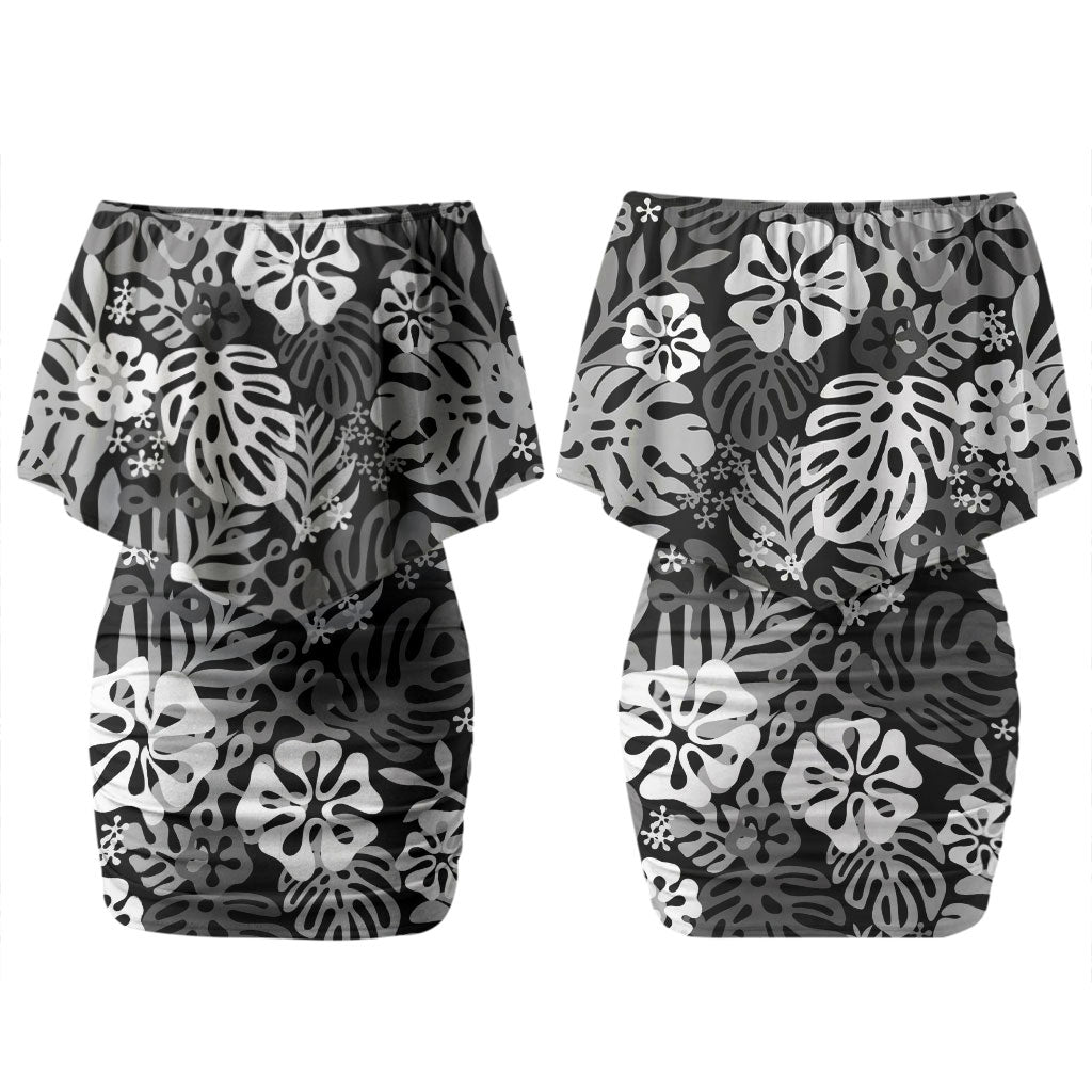 Black Aloha Hawaiian Couples Matching Off Shoulder Short Dress and Long Sleeve Button Shirt Monstera Hibiscus Tropical Pattern