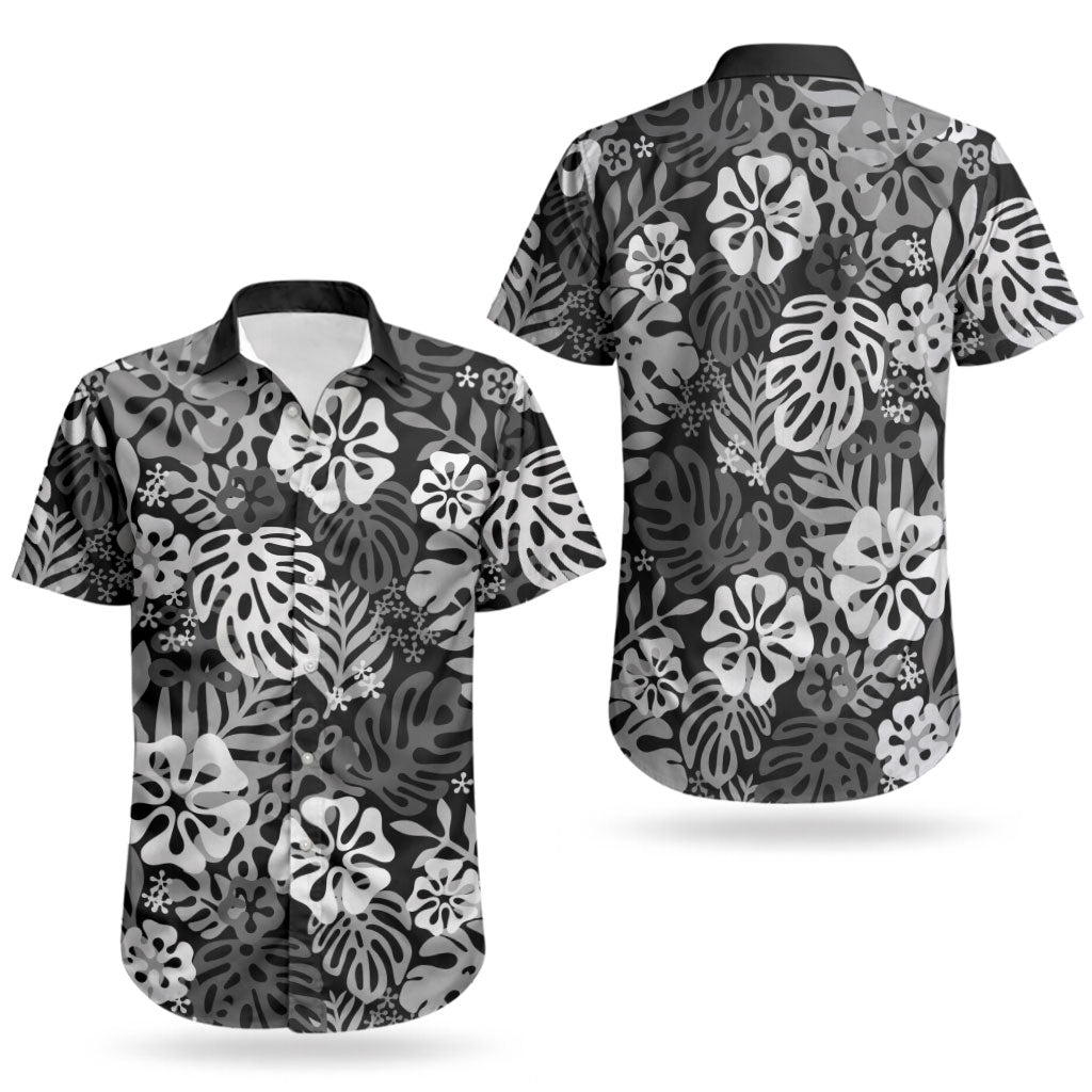 Black Aloha Hawaiian Couples Matching Off The Shoulder Long Sleeve Dress and Hawaiian Shirt Monstera Hibiscus Tropical Pattern