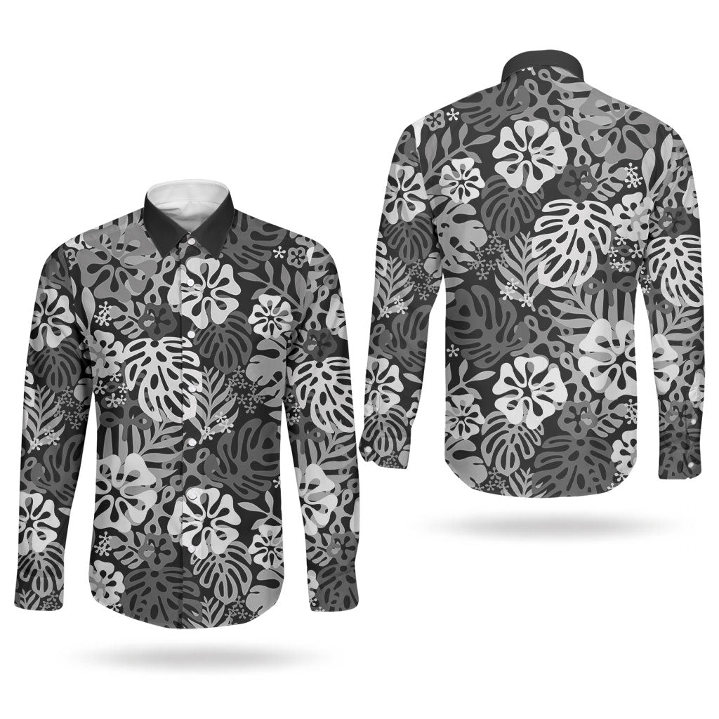Black Aloha Hawaiian Couples Matching Puletasi and Long Sleeve Button Shirt Monstera Hibiscus Tropical Pattern