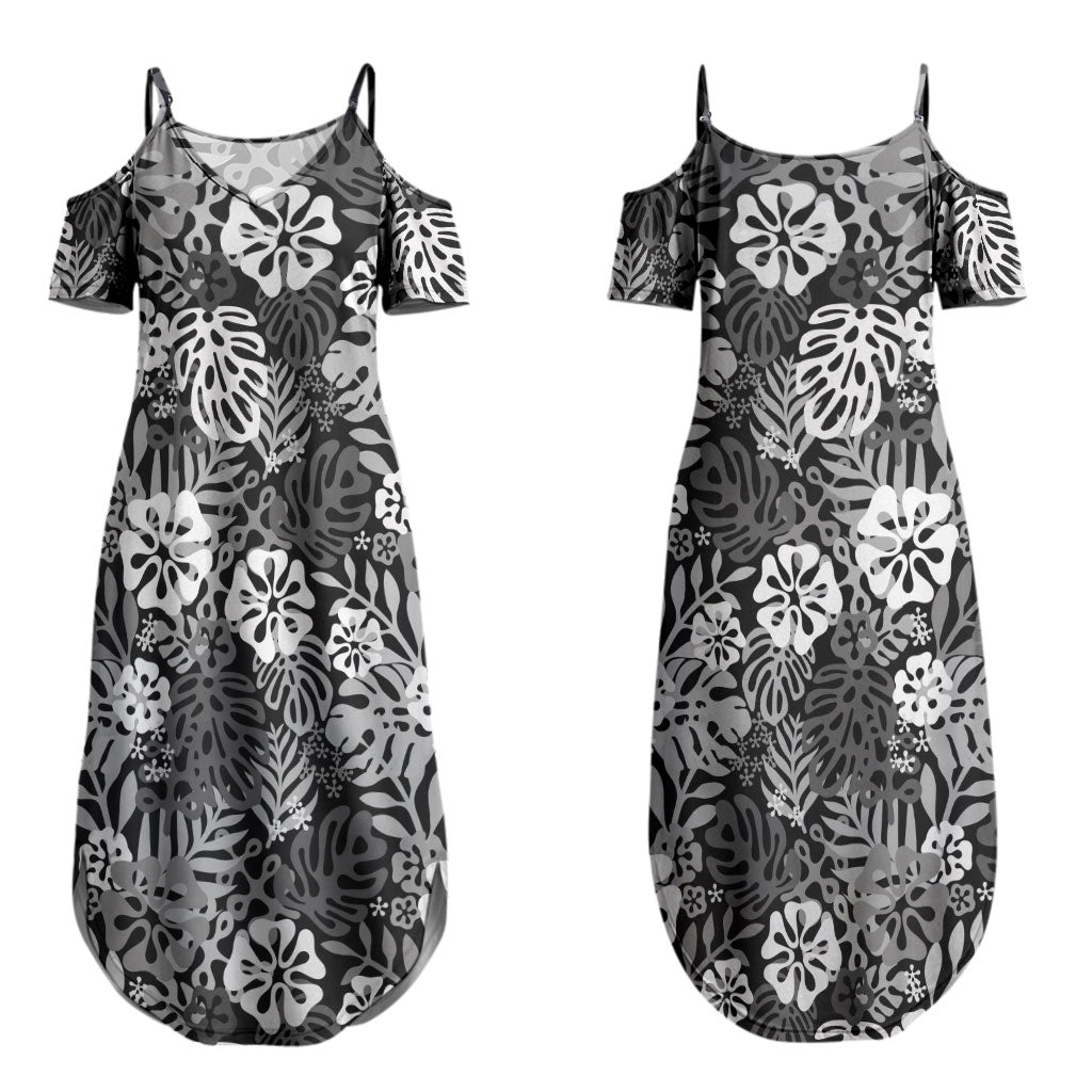 Black Aloha Hawaiian Couples Matching Summer Maxi Dress and Hawaiian Shirt Monstera Hibiscus Tropical Pattern
