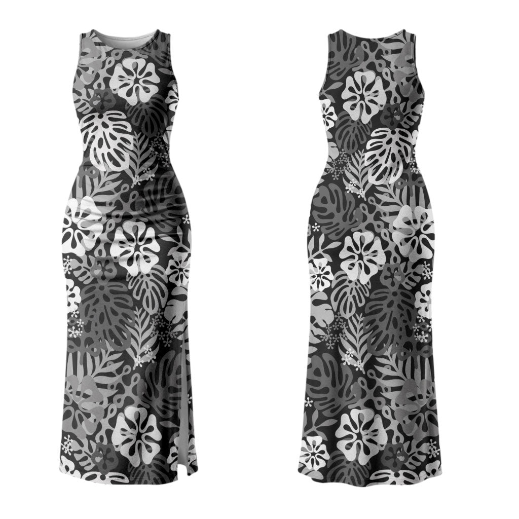 Black Aloha Hawaiian Couples Matching Tank Maxi Dress and Hawaiian Shirt Monstera Hibiscus Tropical Pattern