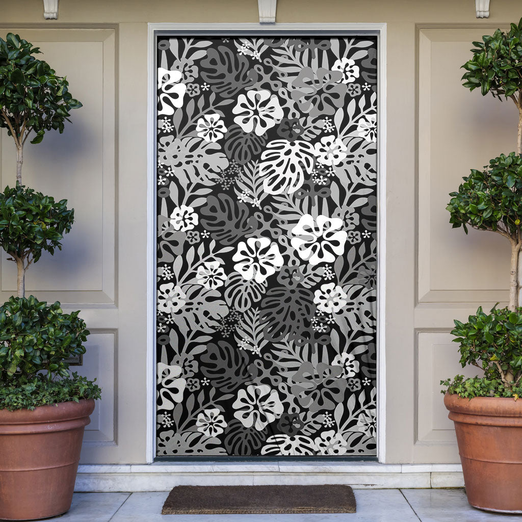 Black Aloha Hawaiian Door Cover Monstera Hibiscus Tropical Pattern