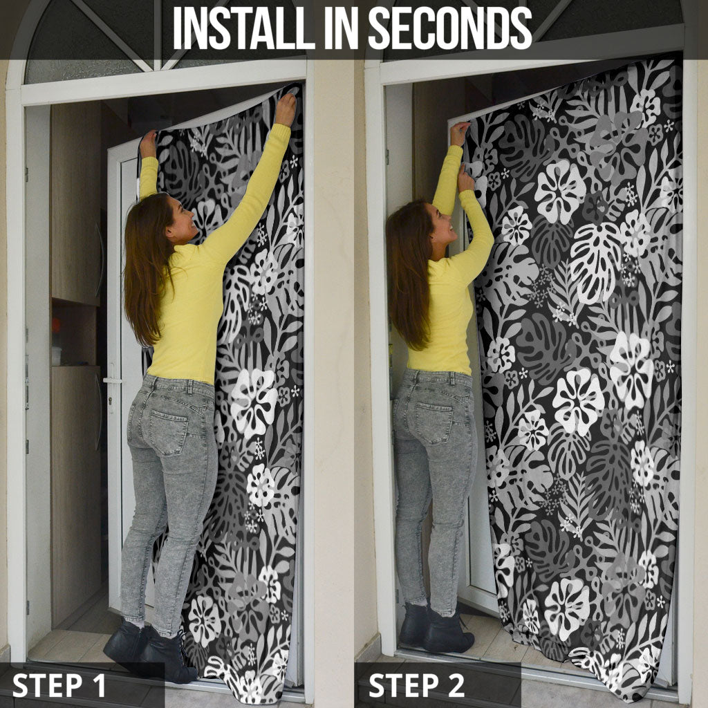 Black Aloha Hawaiian Door Cover Monstera Hibiscus Tropical Pattern