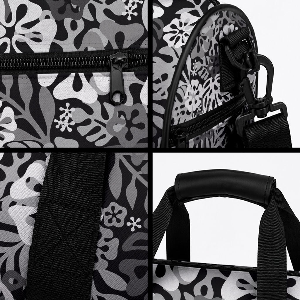 Black Aloha Hawaiian Duffle Bag Monstera Hibiscus Tropical Pattern