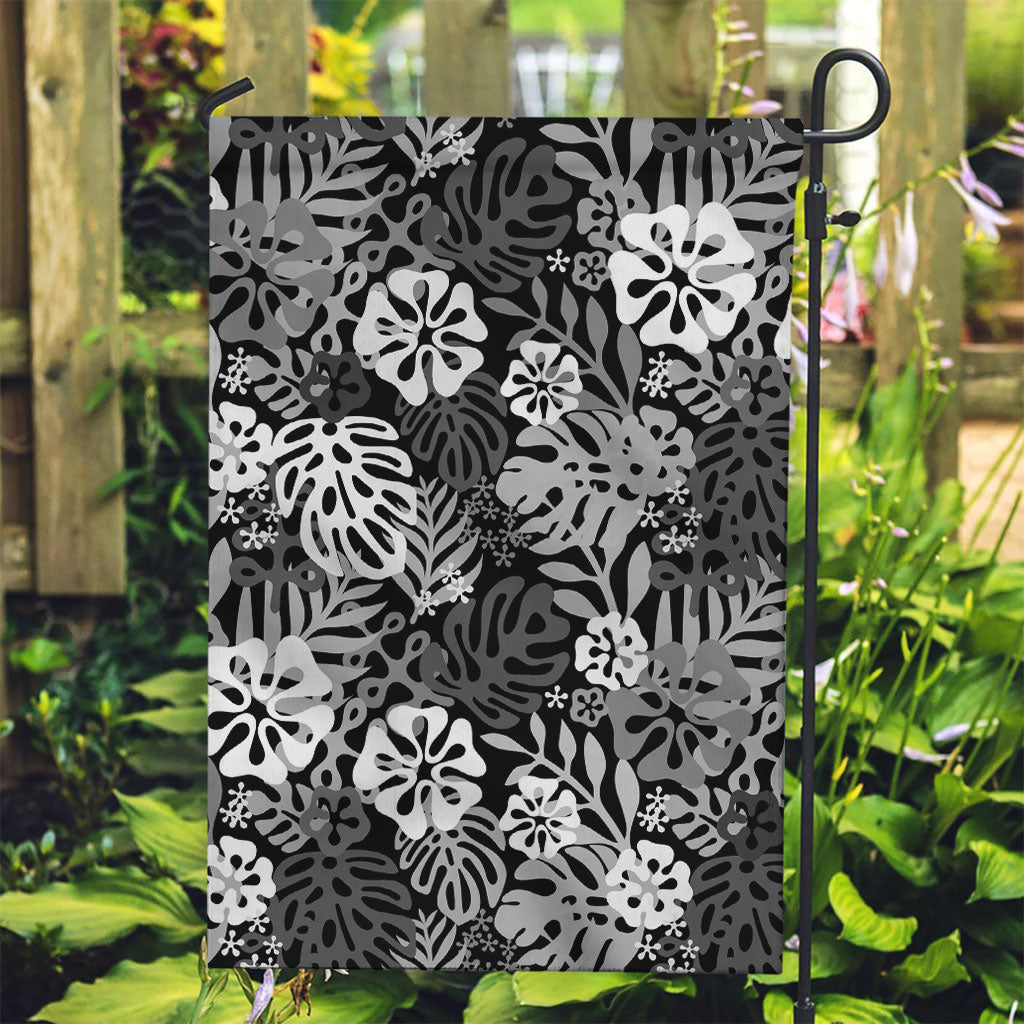 Black Aloha Hawaiian Garden Flag Monstera Hibiscus Tropical Pattern