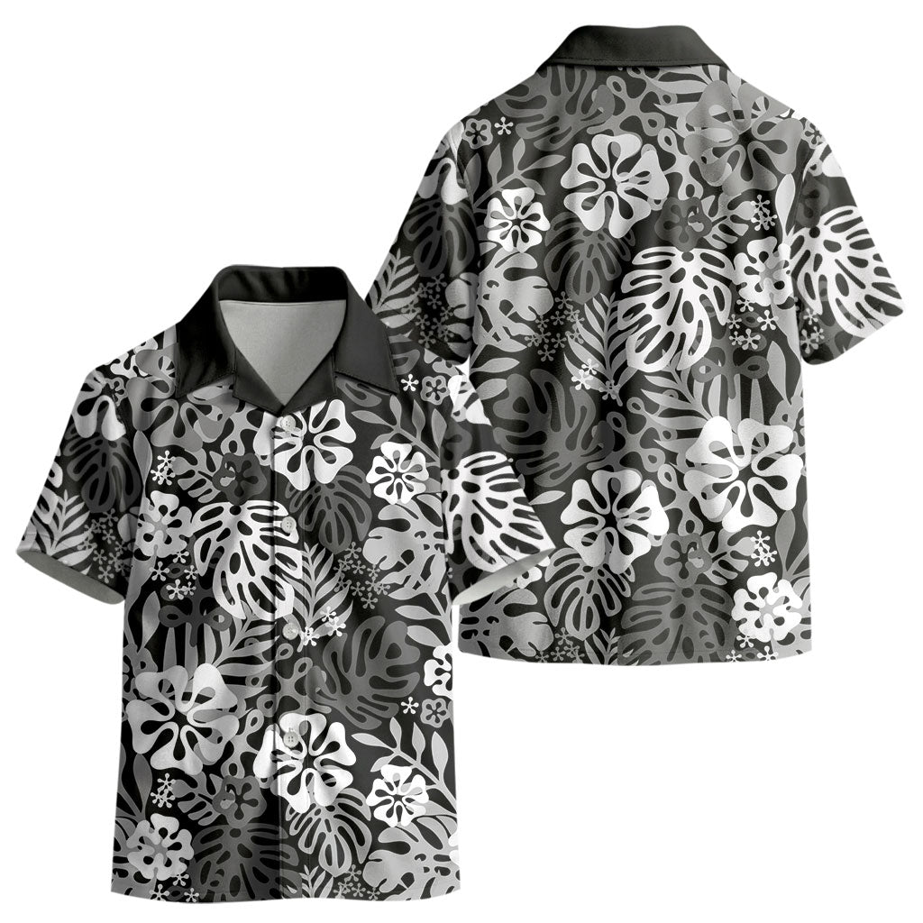 Black Aloha Hawaiian Kid Hawaiian Shirt Monstera Hibiscus Tropical Pattern