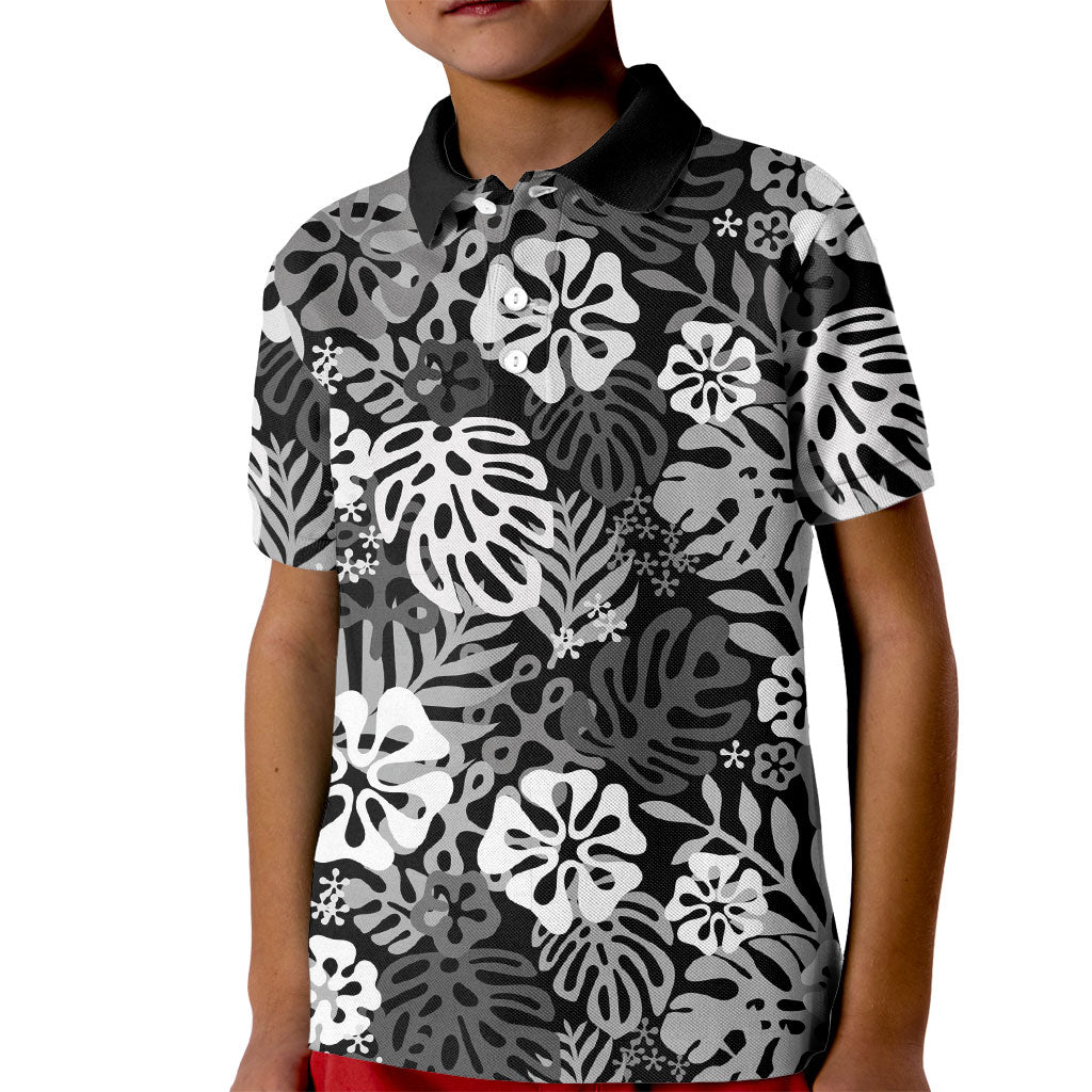 Black Aloha Hawaiian Kid Polo Shirt Monstera Hibiscus Tropical Pattern