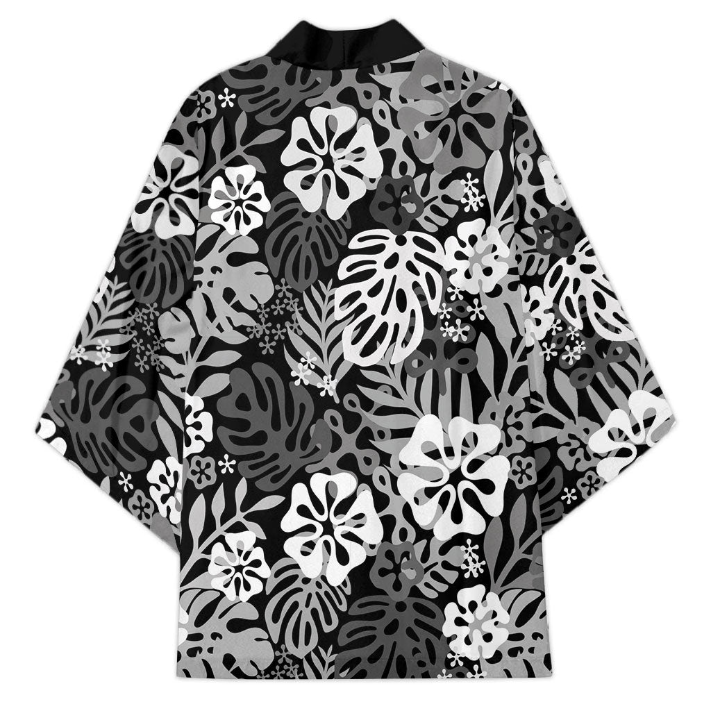 Black Aloha Hawaiian Kimono Monstera Hibiscus Tropical Pattern
