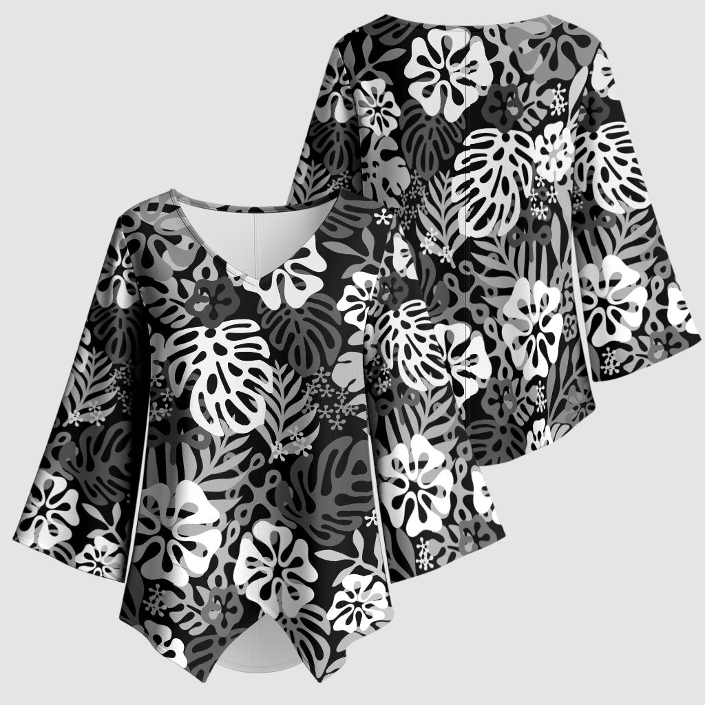 Black Aloha Hawaiian Kimono Sleeve Blouse Monstera Hibiscus Tropical Pattern