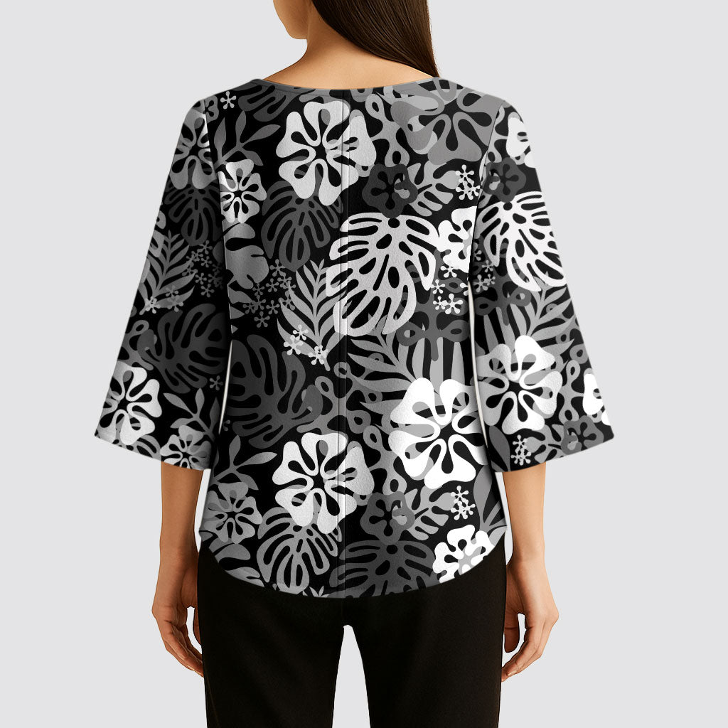 Black Aloha Hawaiian Kimono Sleeve Blouse Monstera Hibiscus Tropical Pattern
