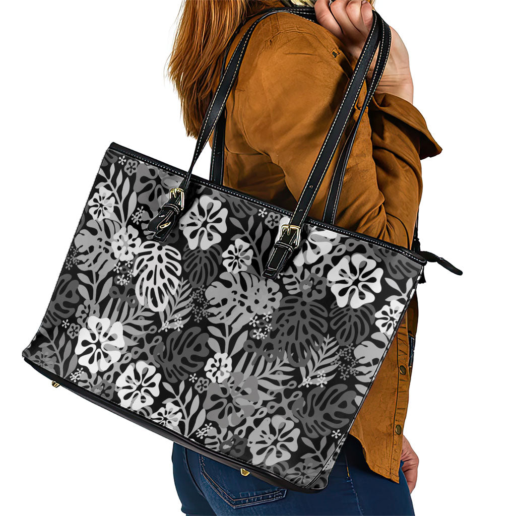 Black Aloha Hawaiian Leather Tote Bag Monstera Hibiscus Tropical Pattern