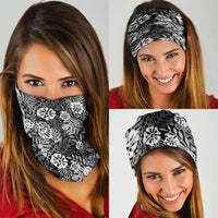 Black Aloha Hawaiian Neck Gaiter Monstera Hibiscus Tropical Pattern