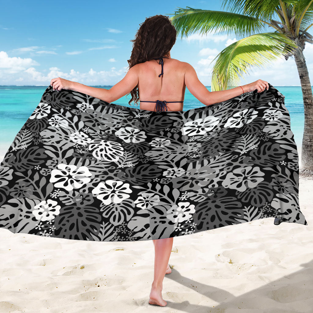 Black Aloha Hawaiian Sarong Monstera Hibiscus Tropical Pattern