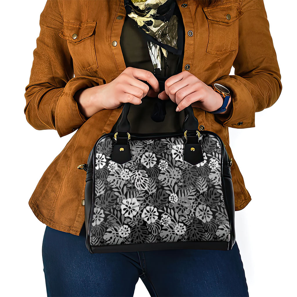 Black Aloha Hawaiian Shoulder Handbag Monstera Hibiscus Tropical Pattern