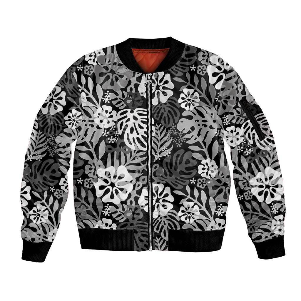 Black Aloha Hawaiian Sleeve Zip Bomber Jacket Monstera Hibiscus Tropical Pattern