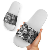 Black Aloha Hawaiian Slide Sandals Monstera Hibiscus Tropical Pattern