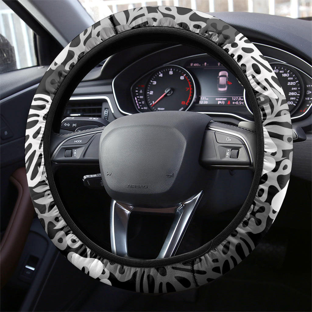 Black Aloha Hawaiian Steering Wheel Cover Monstera Hibiscus Tropical Pattern