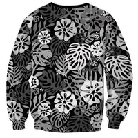 Black Aloha Hawaiian Sweatshirt Monstera Hibiscus Tropical Pattern